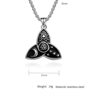 Detailed specs of stainless steel Valknut pendant showing dimensions 37mm width and 14g weight