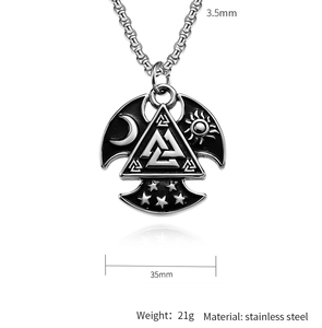 Detail view of Valknut Viking pendant with sun moon design and dimension specifications