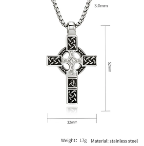 Detailed view of the Celtic cross pendant with dimensions 52mm by 32mm in vintage silver