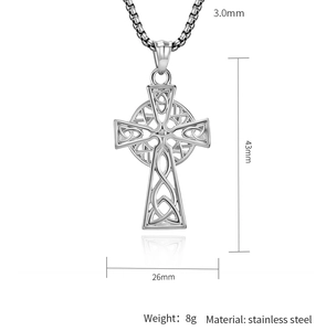 Polished stainless steel Celtic cross pendant with dimensions and chain width detail