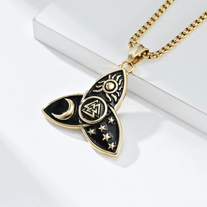 Nordic Celtic Valknut steel necklace featuring gold sun moon star pendant