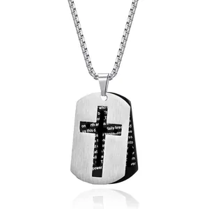 Stainless Steel Double Layer Hollow Cross Dog Tag Pendant Necklace Brushed Bible Verse Scripture Religious Jewelry For Men
