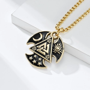 Vintage Viking Valknut pendant necklace with sun moon and star motifs in gold finish