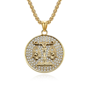 Hip Hop Stainless Steel 18K Gold Plated Twelve Constellations Round Pendant Rhinestone Pave Zodiac Coin Pendant Jewelry Gift