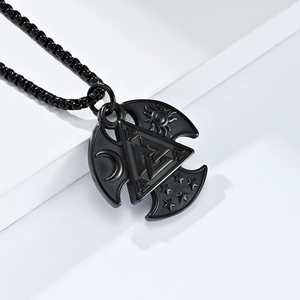 Nordic Viking Valknut pendant necklace in matte black steel with moon and star patterns