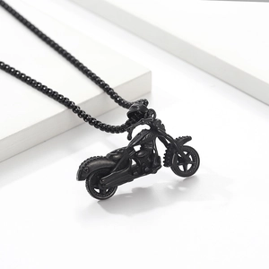 Men's punk matte black motorcycle pendant necklace with industrial bead chain