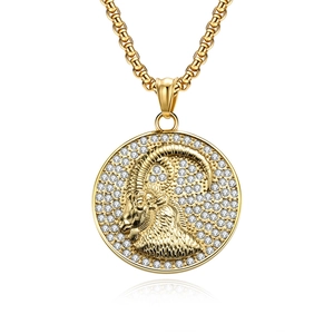 18K gold plated Capricorn necklace with iced-out pendant on a box chain for men