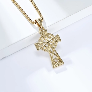 Golden Celtic cross pendant necklace with knotwork details and box chain for men and women