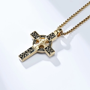 Golden Celtic cross pendant with knot textures and box chain for men's necklace