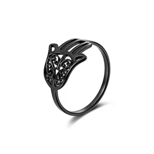 Vintage Stainless Steel Hamsa Hand Ring For Women Hollow Out Filigree Fatima Hand Amulet Retro Fashion Finger Jewelry