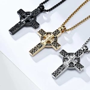 Men's Celtic knot stainless steel cross pendant necklaces in black, gold, and silver