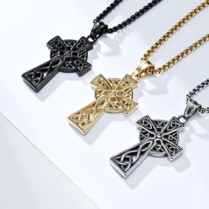 Celtic knot stainless steel cross necklace in black, gold, and silver finishes
