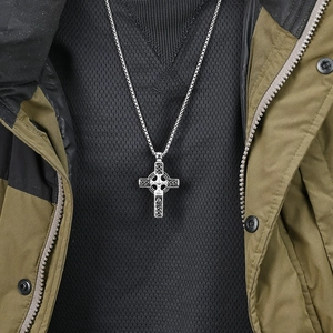 Men's Celtic knot stainless steel cross pendant necklace with a vintage box chain
