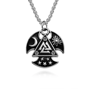 Nordic Viking Valknut pendant necklace with sun moon and star motifs in vintage steel