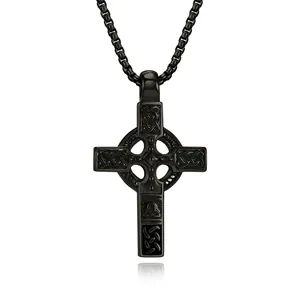 Vintage Stainless Steel Celtic Knot Cross Pendant Necklace For Men Retro Religious Viking Jewelry Gold Black Steel Color