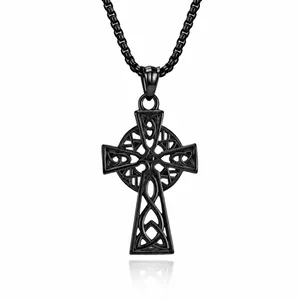 Vintage Stainless Steel Celtic Knot Cross Pendant Necklace For Men Gothic Religious Jewelry Polished Finish Retro Amulet Gift