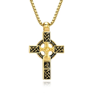 Gold stainless steel Celtic cross pendant necklace with black knot patterns and pearl chain