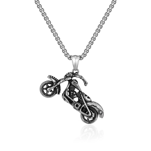 Retro punk motorcycle pendant necklace in antique silver finish for men and women