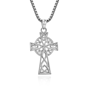 Silver stainless steel Celtic cross pendant necklace with trinity knot and box chain