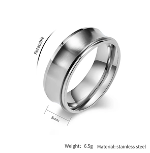 Macro view of 8mm rotatable stainless steel ring showing inner band width and weight