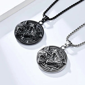 Collier vintage en acier inoxydable avec pendentif tête de loup et chaîne à boules