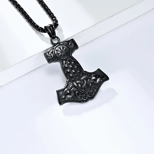 Pendentif Marteau de Thor noir mat en acier inoxydable avec Vegvisir et motifs celtiques
