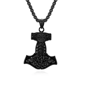 Collier Pendentif Marteau de Thor Tête de Bélier Viking pour Hommes Acier Inoxydable Mythologie Nordique Mjolnir Punk Bijoux
