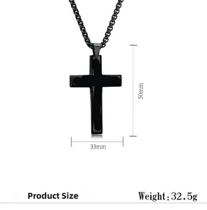 Detailed view of black titanium steel cross pendant measuring 50mm by 33mm with weight