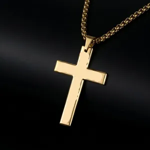 Polished gold stainless steel cross pendant necklace with classic bead chain design