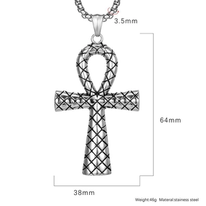 Detailed view of silver Ankh cross pendant in stainless steel with dimensions 64x38mm