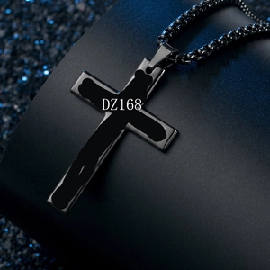 Polished black stainless steel cross pendant necklace with beaded chain for men
