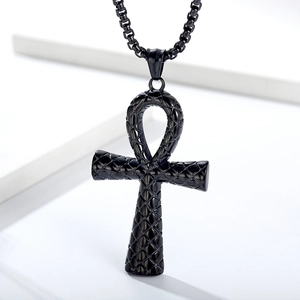 Vintage black Ankh cross pendant necklace in stainless steel with textured diamond pattern