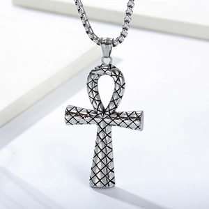 Vintage Egyptian Ankh cross pendant necklace in stainless steel with carved texture