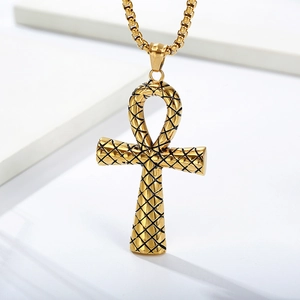 Vintage gold Ankh cross necklace in titanium steel with diamond pattern on white block