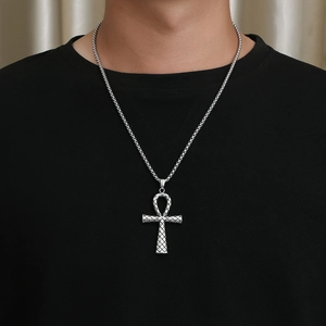 Vintage Ankh cross necklace in matte silver titanium steel on black T-shirt