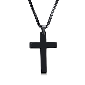 Polished black stainless steel cross pendant necklace with classic round link chain