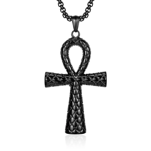 Vintage Egyptian Ankh Cross Pendant Necklace Stainless Steel Diamond Texture Punk Religious Jewelry For Men Women Daily Accessory
