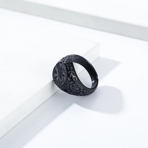 Vintage black stainless steel Viking Vegvisir compass ring with hammered texture finish