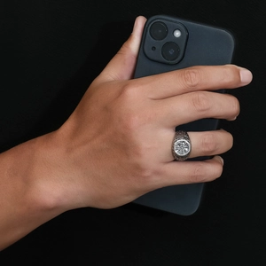 Vintage silver Viking Vegvisir compass ring for men with rustic hammered texture