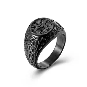 Viking Compass Stainless Steel Ring For Men Retro Nordic Vegvisir Signet Ring Pitted Texture Punk Gothic Jewelry Band