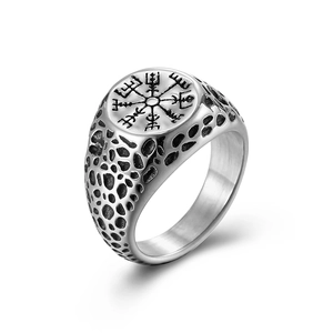 Vintage Nordic Viking Vegvisir compass stainless steel signet ring with honeycomb texture