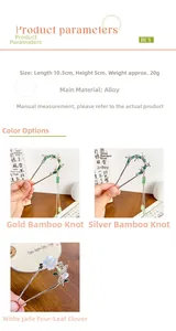 Detail view of alloy bamboo hairpins and clover clip showing 10.5cm by 5cm dimensions