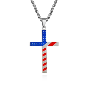 Polished stainless steel cross pendant with American flag pattern on a chunky chain necklace