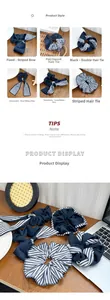 Detailed view of navy and striped scrunchie set on a white ceramic plate and wooden background