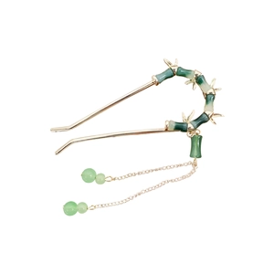 Elegant U-shaped hair stick with bamboo leaf design and green jade-like beads fringe