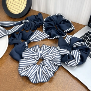 Large Fabric Scrunchies Hair Ties Navy Blue Stripe Bow Ribbon Ponytail Holders Satin Elegant Hair Accessories For Women