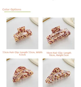 Detail view of retro checkered acetate hair claws with size dimensions in cm