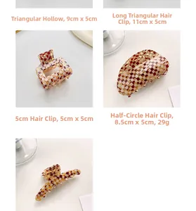 Macro detail of various vintage acetate hair claws with brown and beige checkered patterns