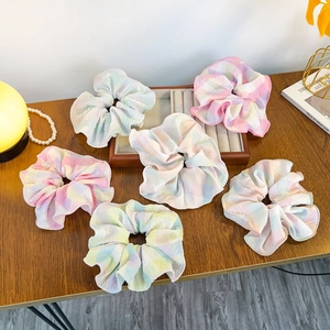 French Sweet Large Plaid Scrunchies Candy Color Bubble Crepe Fabric Hair Ties High Elastic Ponytail Holder Women Jewelry