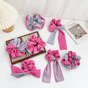 Chouchous Élégants en Tissu Satiné Rayé pour Femmes Épissage Rose Rouge Vert Nœud Papillon Ruban Attaches de Cheveux Élastiques
